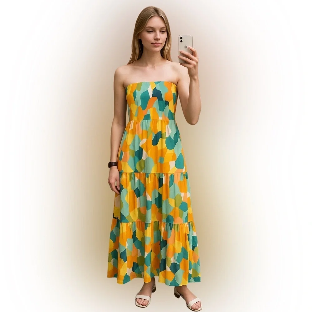Able The Label Dresses | Abel The Label Anthropologie Stapless Colorful Smocked Maxi Dress Womens Size L | Color: Blue/Yellow | Size: L | Pm-32393025